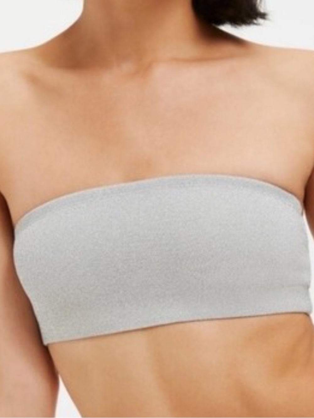 This Good American bandeau top features a shimmering silver fabric